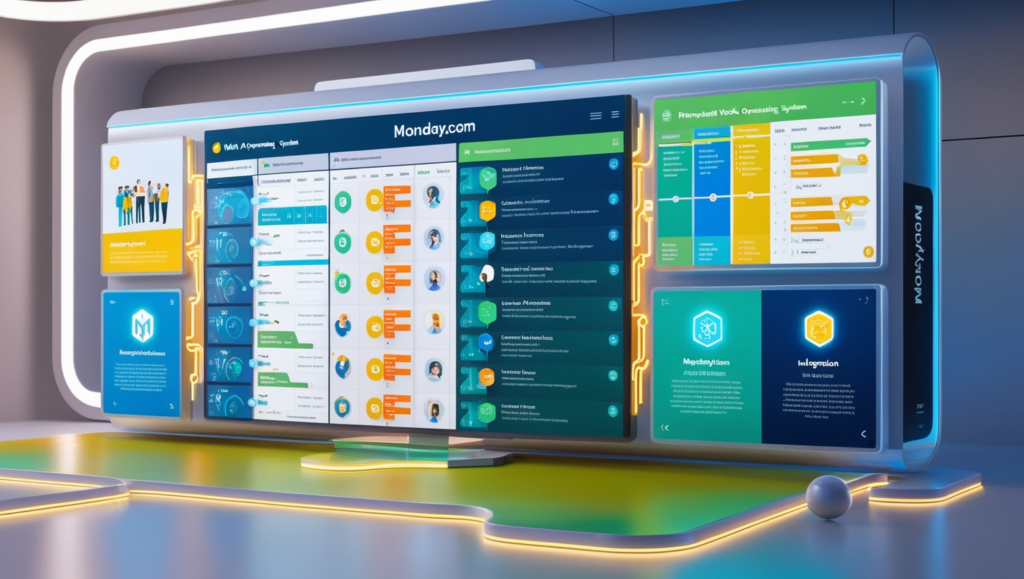 Futuristic illustration of Monday.com, an AI-powered work operating system, featuring task automation , visual boards for progress tracking, and app integrations. task automation