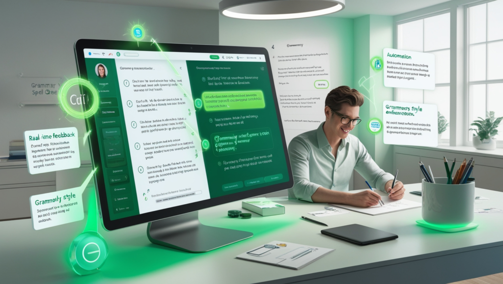 Illustration of Grammarly, featuring AI-powered task automation for writing and editing, grammar and spell-check, style improvements, and real-time feedback for clear, concise content. task automation