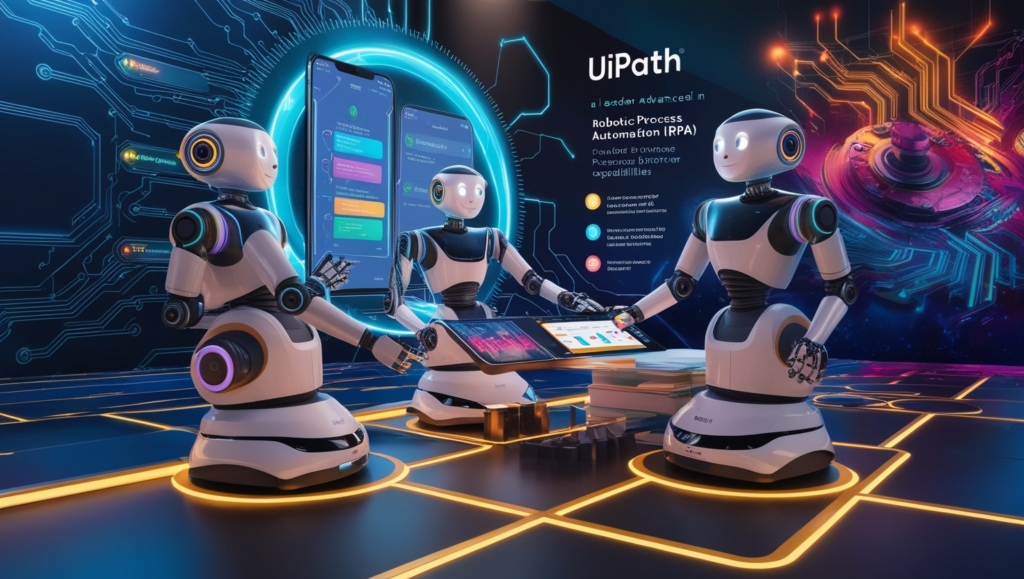 Futuristic image of UiPath RPA showcasing task automation , AI-driven bots, scalable workflows, and efficient business operations. task automation